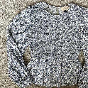 {Universal Thread} Blue Floral Smocked Peplum Long Sleeve Top